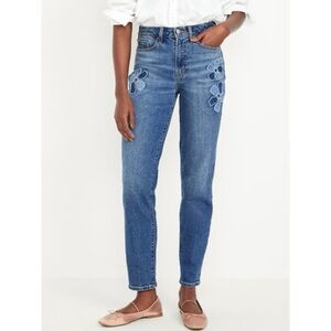 NWT Old Navy High-Waisted OG Straight Leg Floral Applique Patch Ankle Jeans Blue